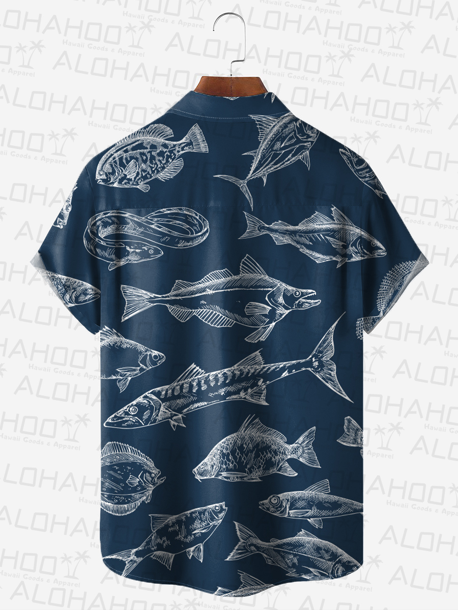 Fish Print Short Sleeve Button Down Shirt