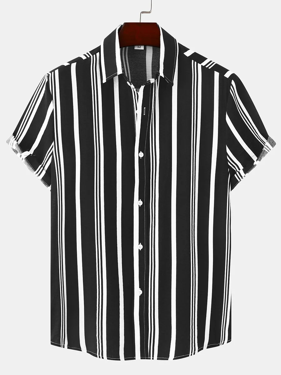 Retro Stripes Print Short Sleeve Button Down Shirt