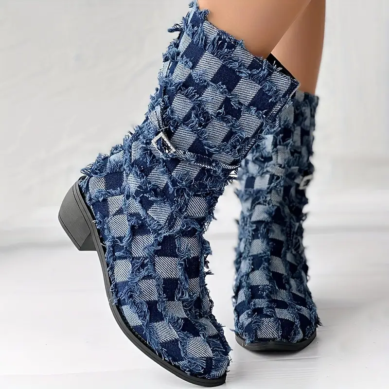 Women s Plaid Raw Trim Pattern Boots Slip On (1)