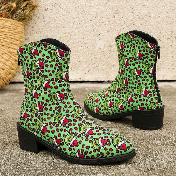 Women's Pointed-Toe Square Heel Santa Claus Print Martin Boots 14476431C (7)