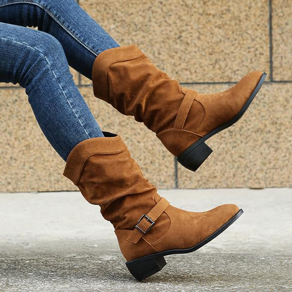 Women's Casual Belt Buckle Suede Chunky Heel Rider Boots 18542198S (2)