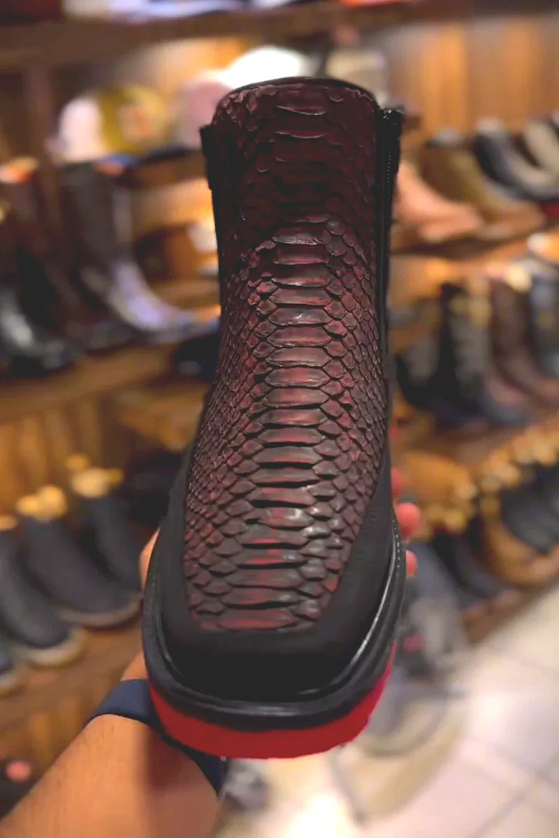 Retro snake scale pattern thick sole non-slip men's genuine leather boots (2)