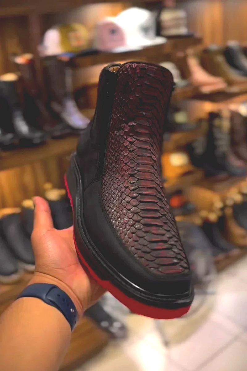 Retro snake scale pattern thick sole non-slip men's genuine leather boots