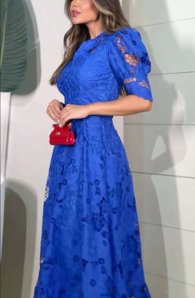 Blue Flower Lace Puff Sleeve Elegant Dress (1)