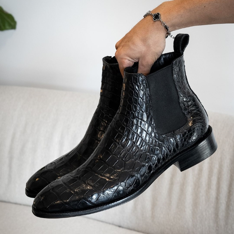 BLACK CROCO SAMUEL CHELSEA made with our most luxurious leather  Blake stitch construction with a leather sole, making it versatile and a must for any men’s wardrobe