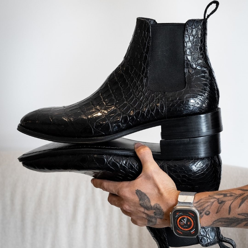 BLACK CROCO SAMUEL CHELSEA made with our most luxurious leather  Blake stitch construction with a leather sole, making it versatile and a must for any men’s wardrobe