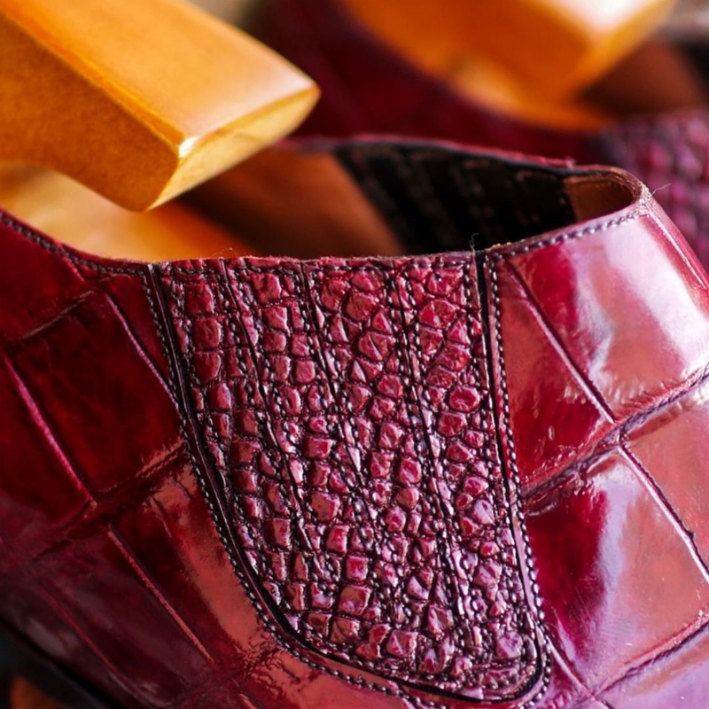 Burgundy crocodile   Leather Whole-cut Lazyman This pair was the very first exotic hand-welted shoes we did over a year ago, it is that shoe that ensured that our MTO program is versatile