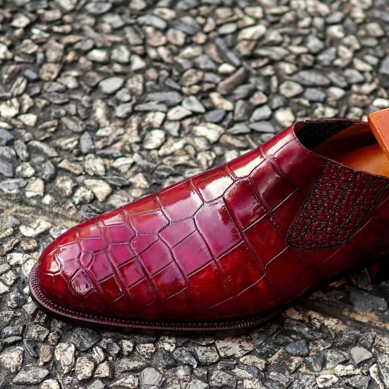 Burgundy crocodile   Leather Whole-cut Lazyman This pair was the very first exotic hand-welted shoes we did over a year ago, it is that shoe that ensured that our MTO program is versatile