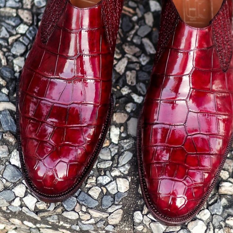 Burgundy crocodile   Leather Whole-cut Lazyman This pair was the very first exotic hand-welted shoes we did over a year ago, it is that shoe that ensured that our MTO program is versatile