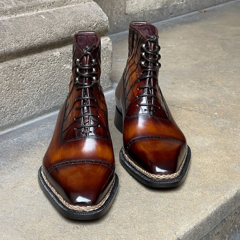 Bottine a balmoral crocodile, construction semi-Norvégien - patine caramel - #altanshoes #altanbottier #boots #bottinesbalmoral - #paris