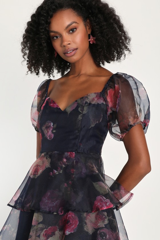 Oh-So Stunning Navy Blue Floral Organza Tiered Midi