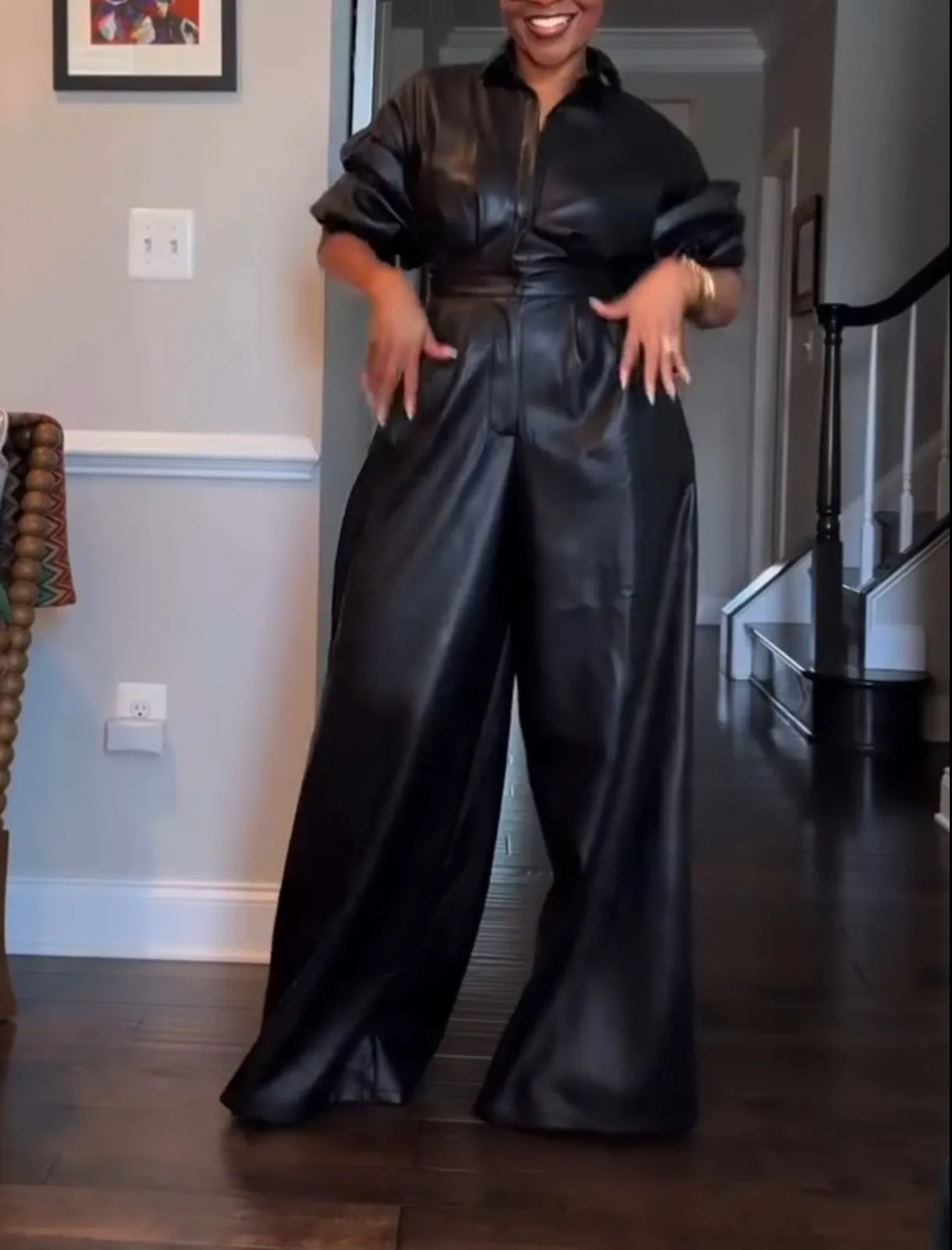 Button waist wide-leg leather jumpsuit (2)