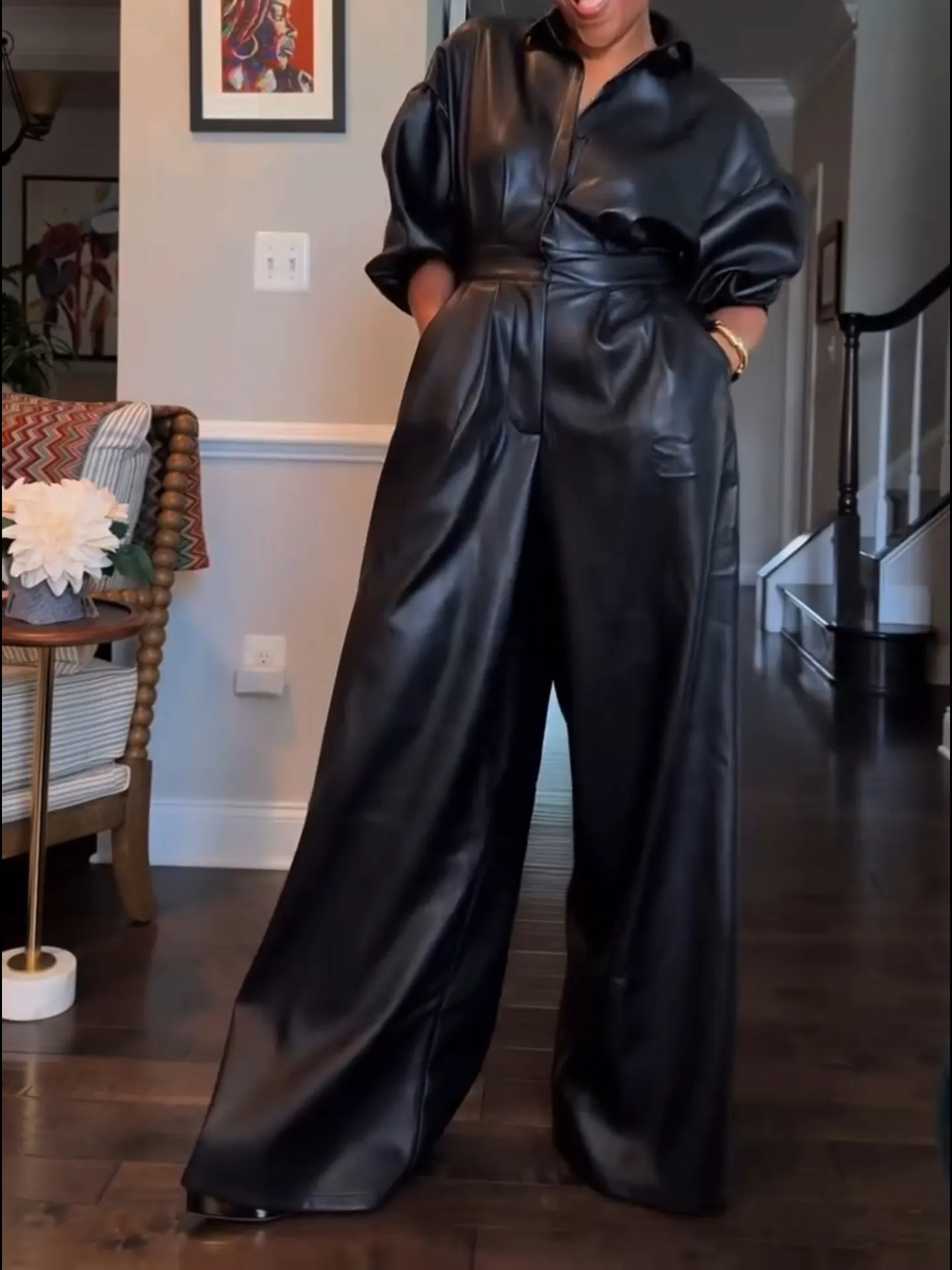 Button waist wide-leg leather jumpsuit (1)