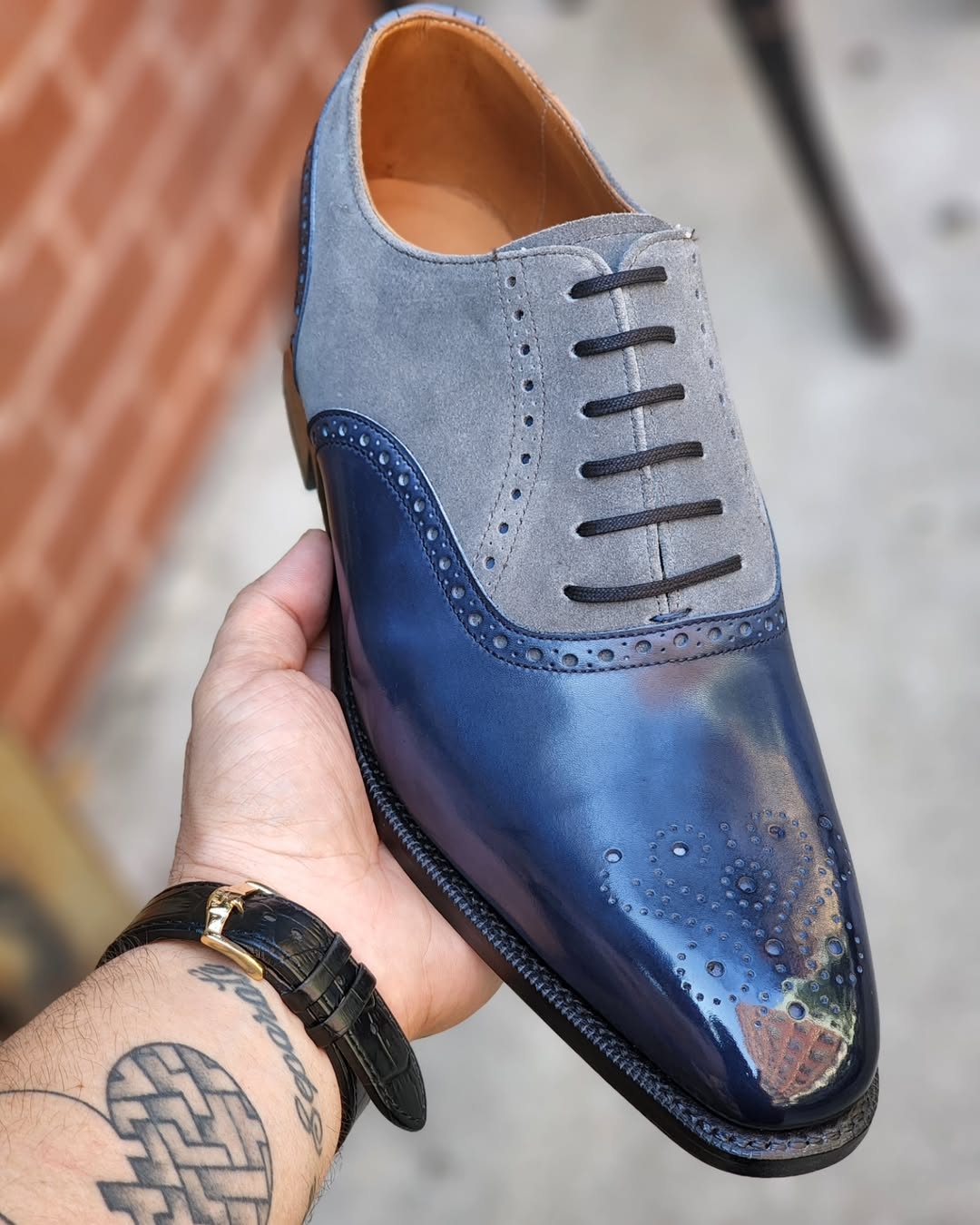 The beautiful Wallingford MTO in Midnight - Light Grey Suede