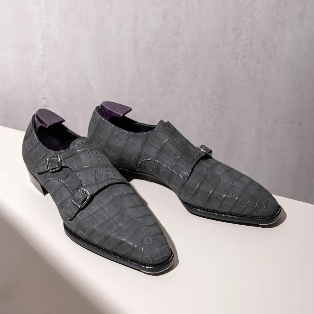 Nubuck Alligator Double Buckle Monk Shoes