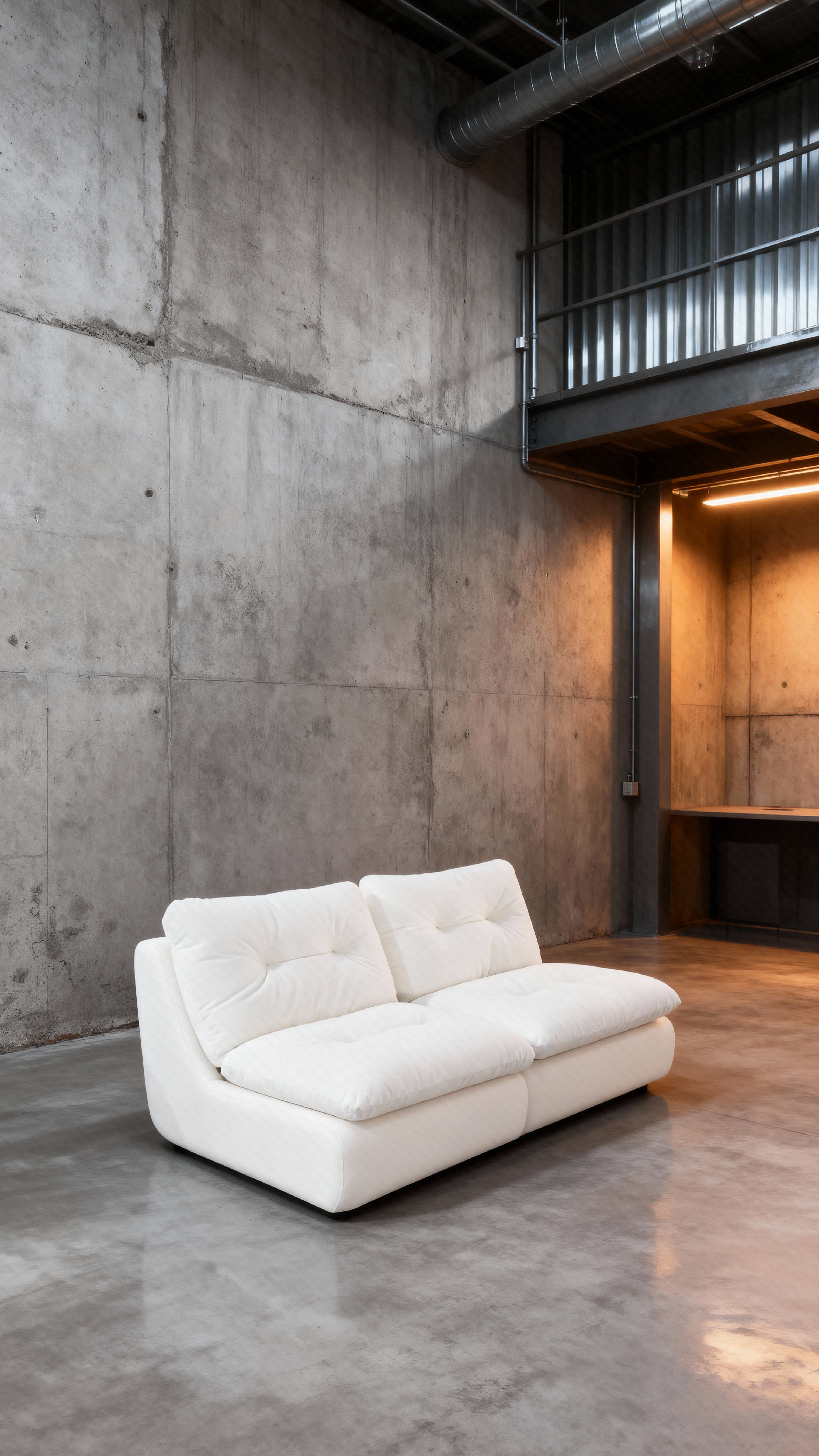 jimeng-2025-10-31-5236-参考图1的白色双人沙发，将背景更换为现代工业风的简约环境，包含水泥墙面、金属元素