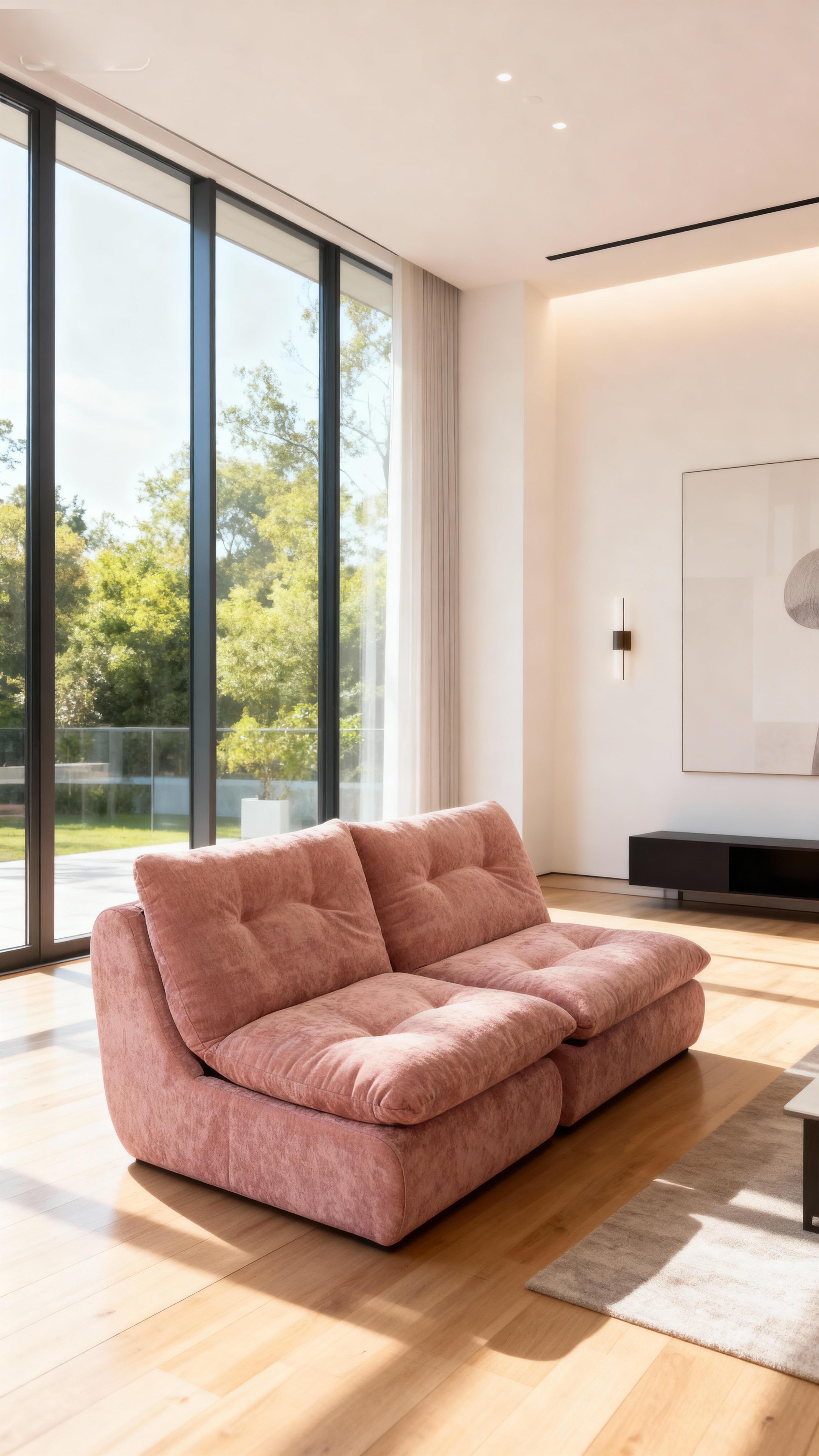 jimeng-2025-10-31-2509-参考图1的粉色双人沙发，将背景更换为现代简约的客厅环境，包含大面积落地窗、自然光