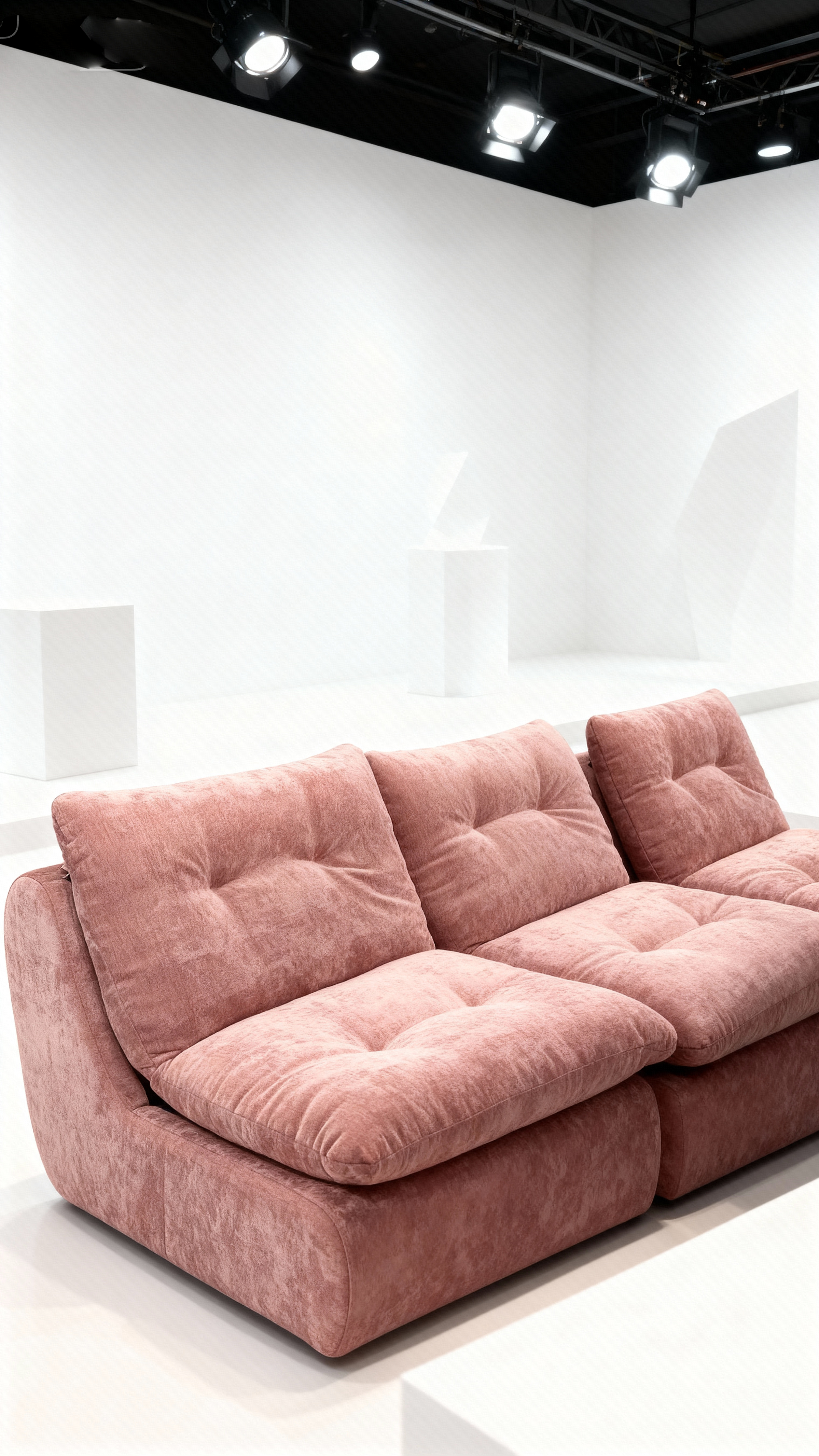 jimeng-2025-10-31-3015-参考图1的粉色双人沙发，将背景更换为极简主义的展示空间，包含纯白色背景墙、几何形