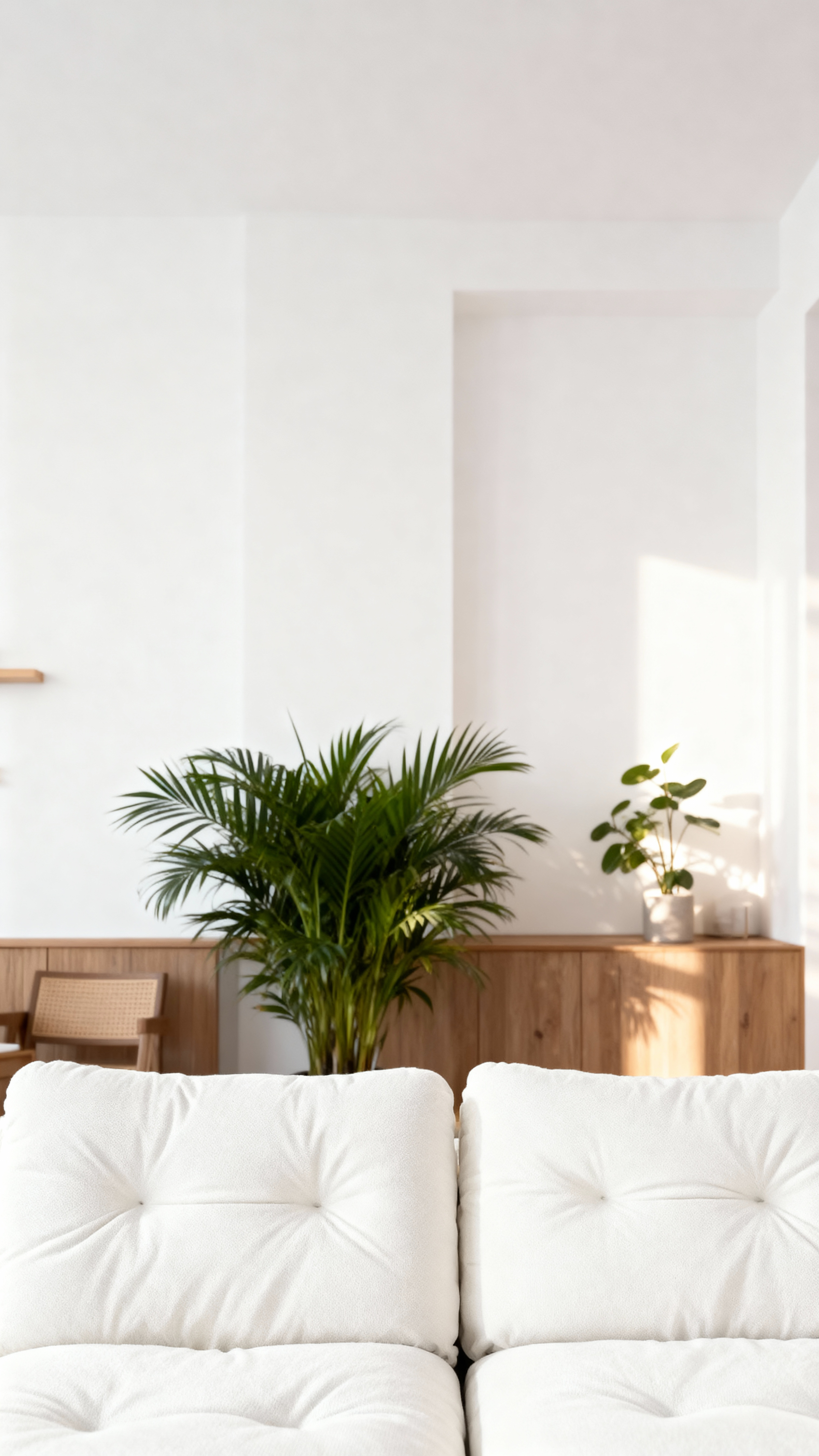 jimeng-2025-10-31-9010-参考图1的白色双人沙发，将背景更换为北欧风格的简约空间，包含白色墙面、原木元素、