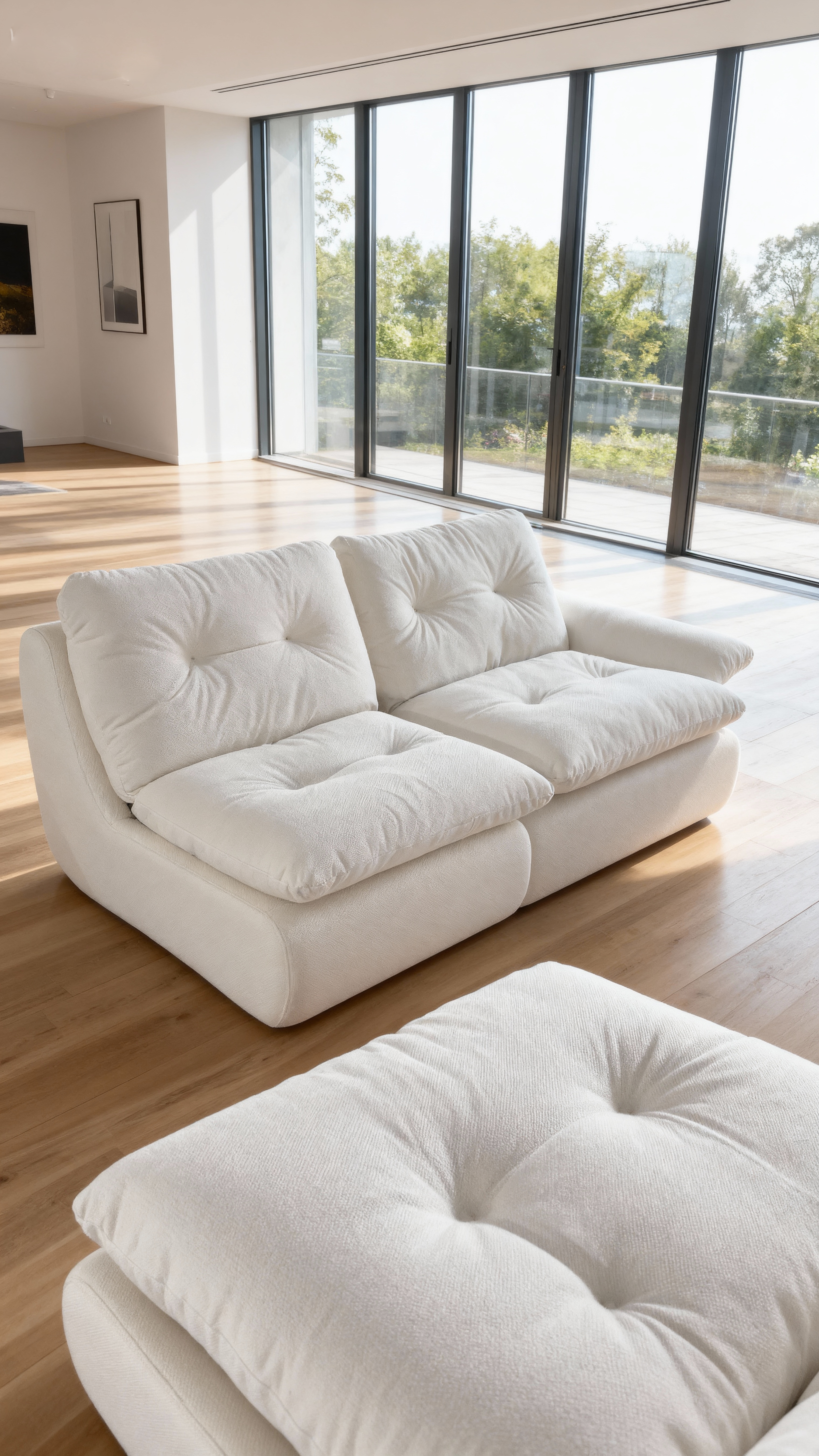 jimeng-2025-10-31-7013-参考图1的白色双人沙发，将背景更换为现代简约的客厅环境，包含大面积落地窗、自然光