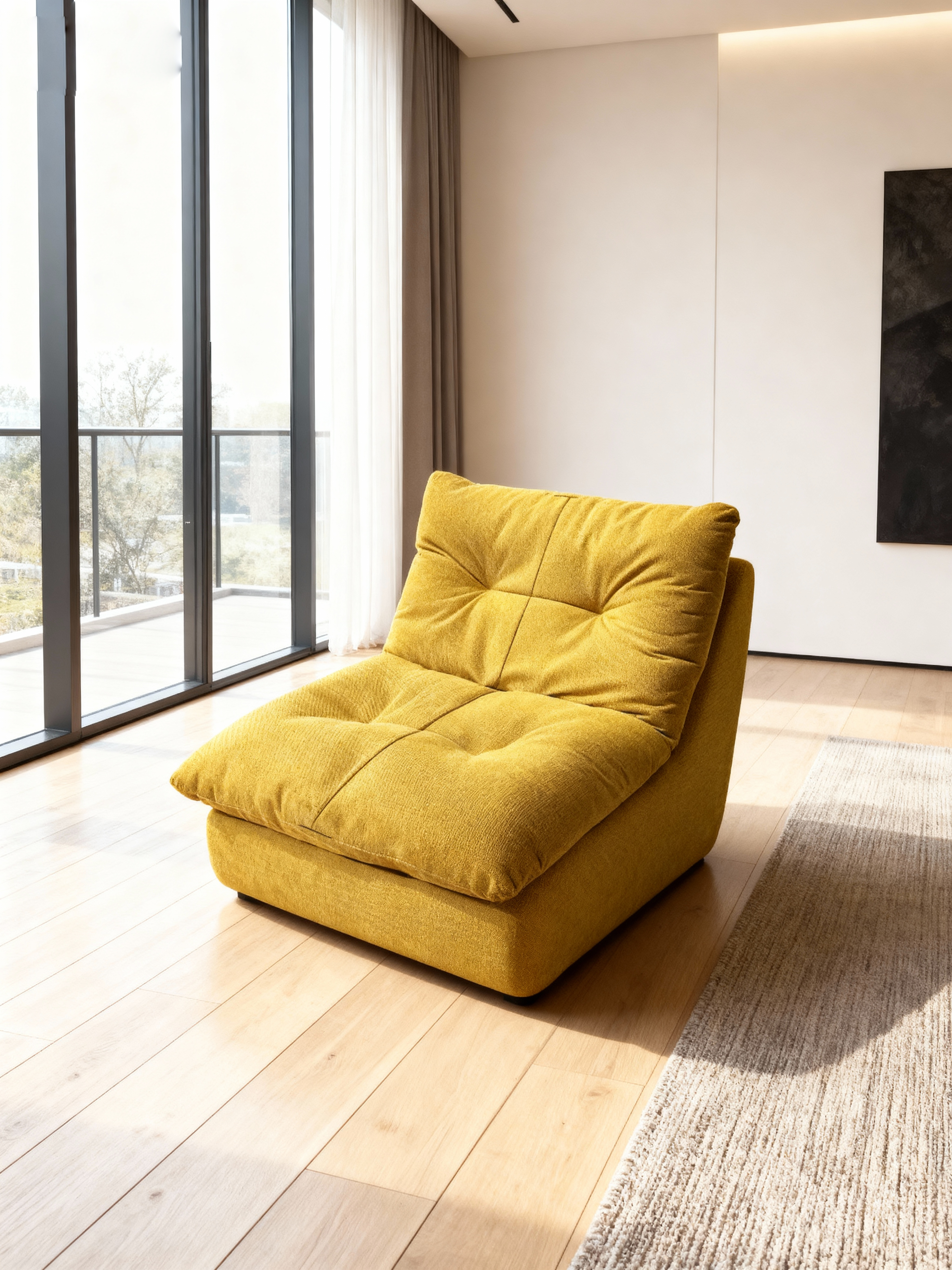 jimeng-2025-10-31-4593-参考图1的黄色单人沙发，去除所有尺寸标注和文字信息，将背景更换为现代简约的客厅环