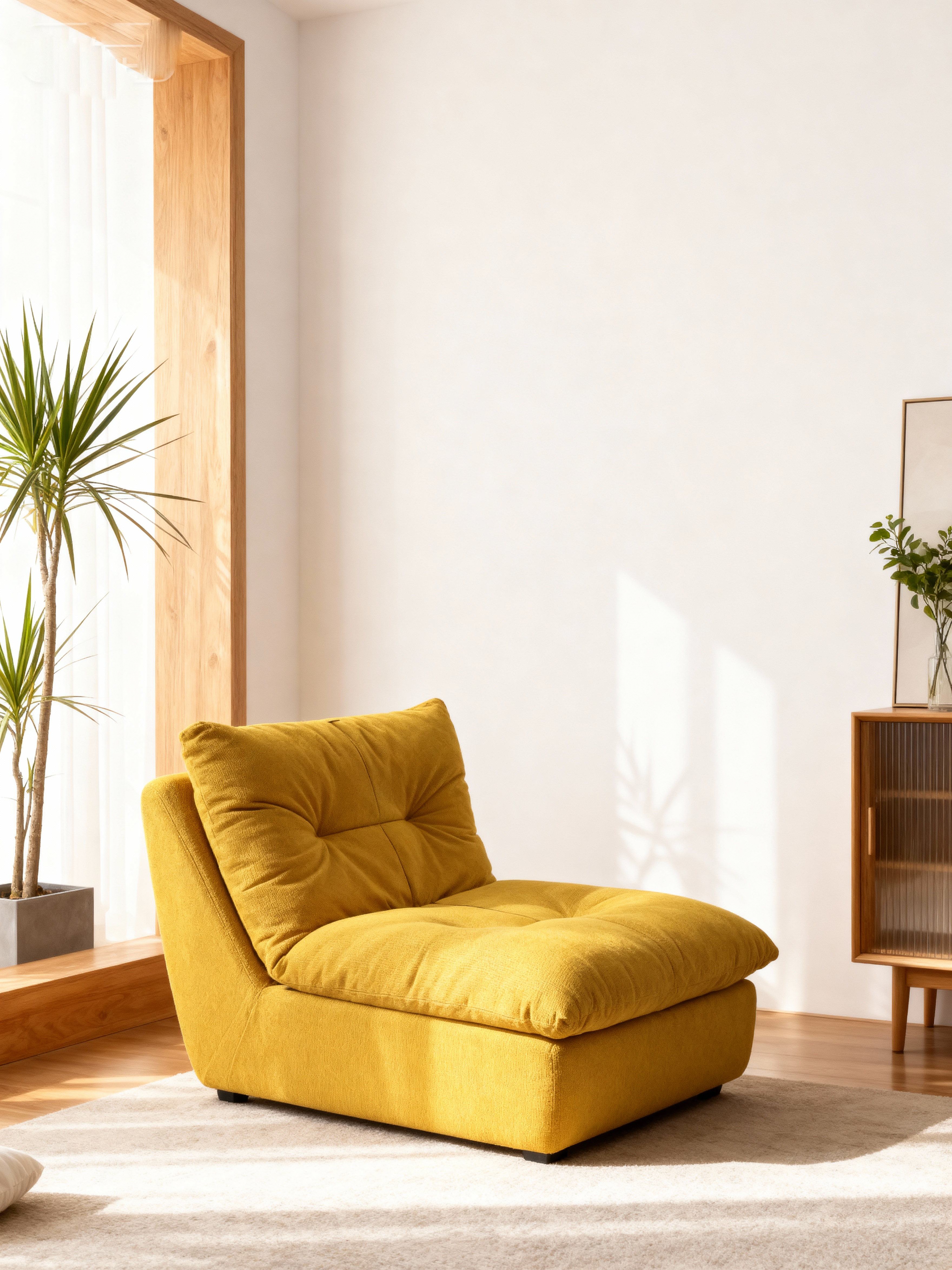 jimeng-2025-10-31-1047-参考图1的黄色单人沙发，去除所有尺寸标注和文字信息，将背景更换为北欧风格的简约空