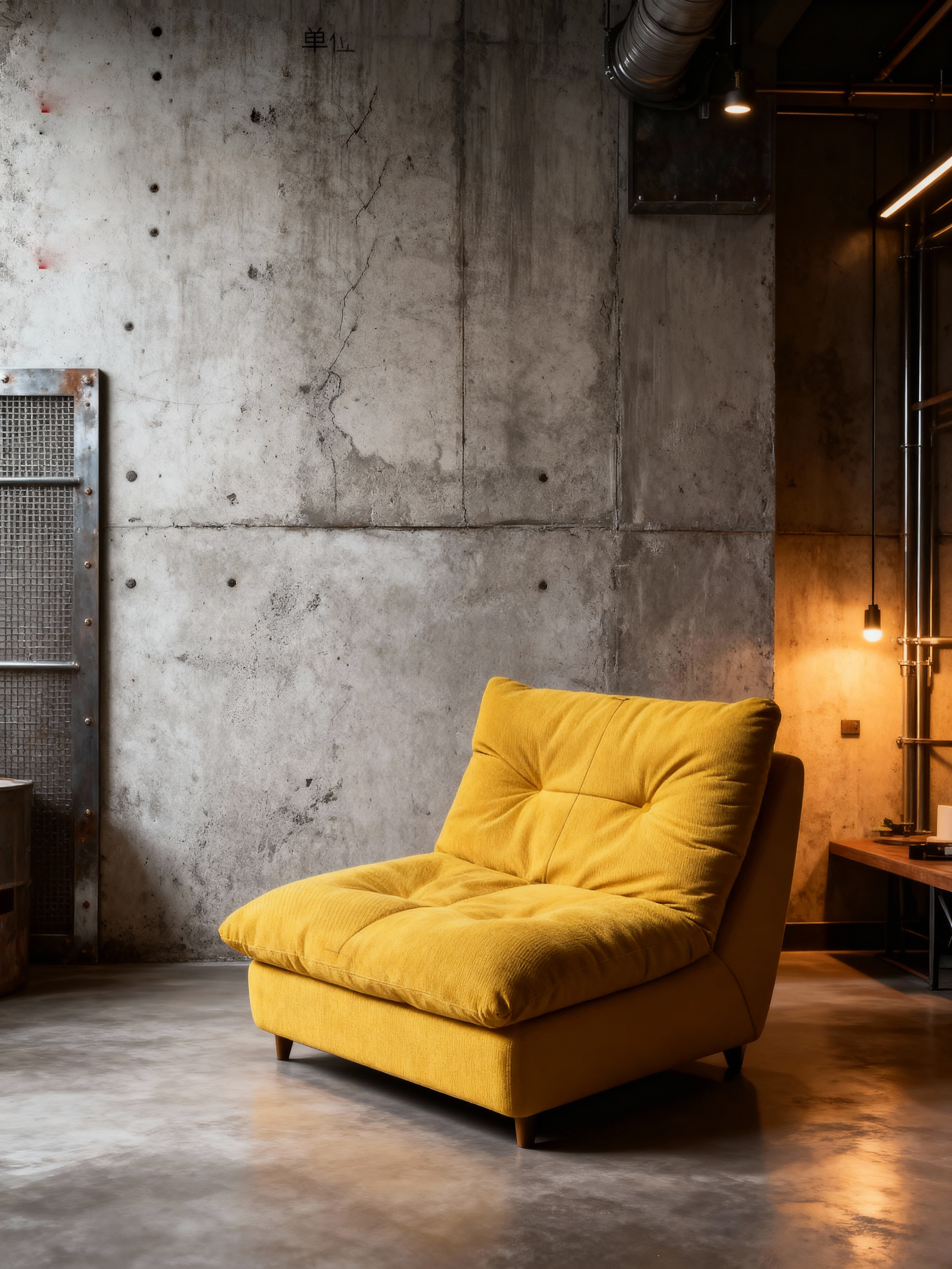 jimeng-2025-10-31-2321-参考图1的黄色单人沙发，去除所有尺寸标注和文字信息，将背景更换为现代工业风的简约