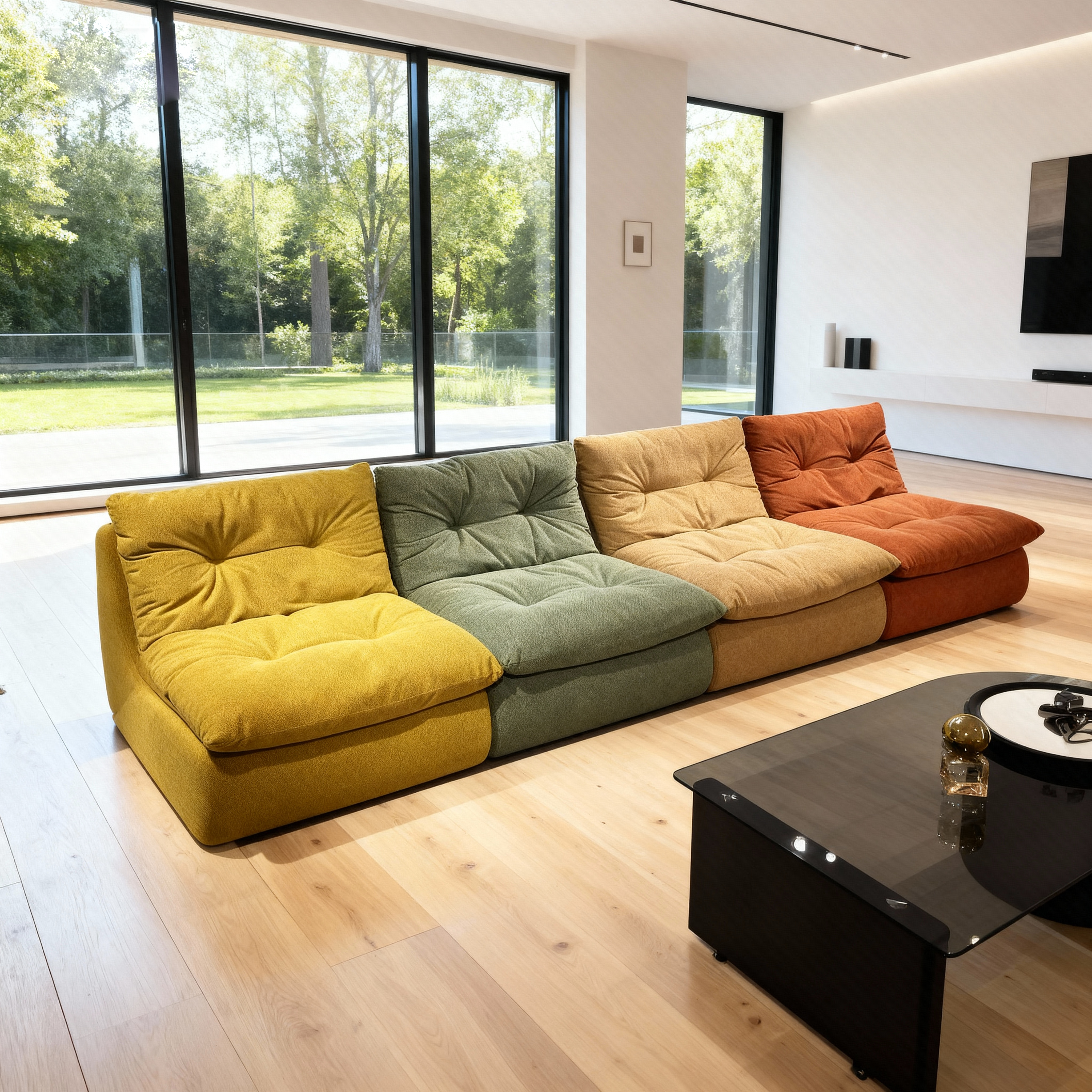 jimeng-2025-10-31-9533-参考图1的彩色模块化沙发，将背景更换为现代简约的客厅环境，包含大面积落地窗、自然