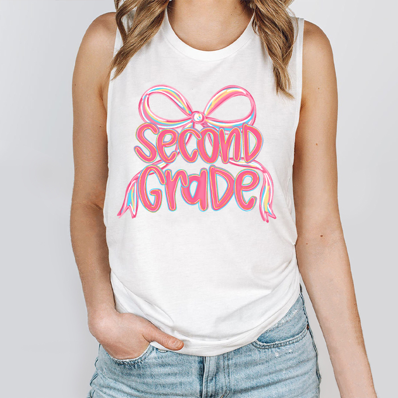 Personalized Grade Pink Bow Teacher Tank Top