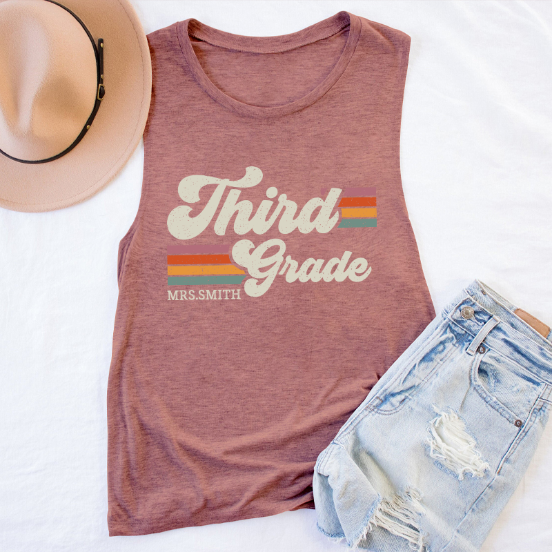 Personalized Grade And Name Retro Horizontal Stripes Teacher Tank Top