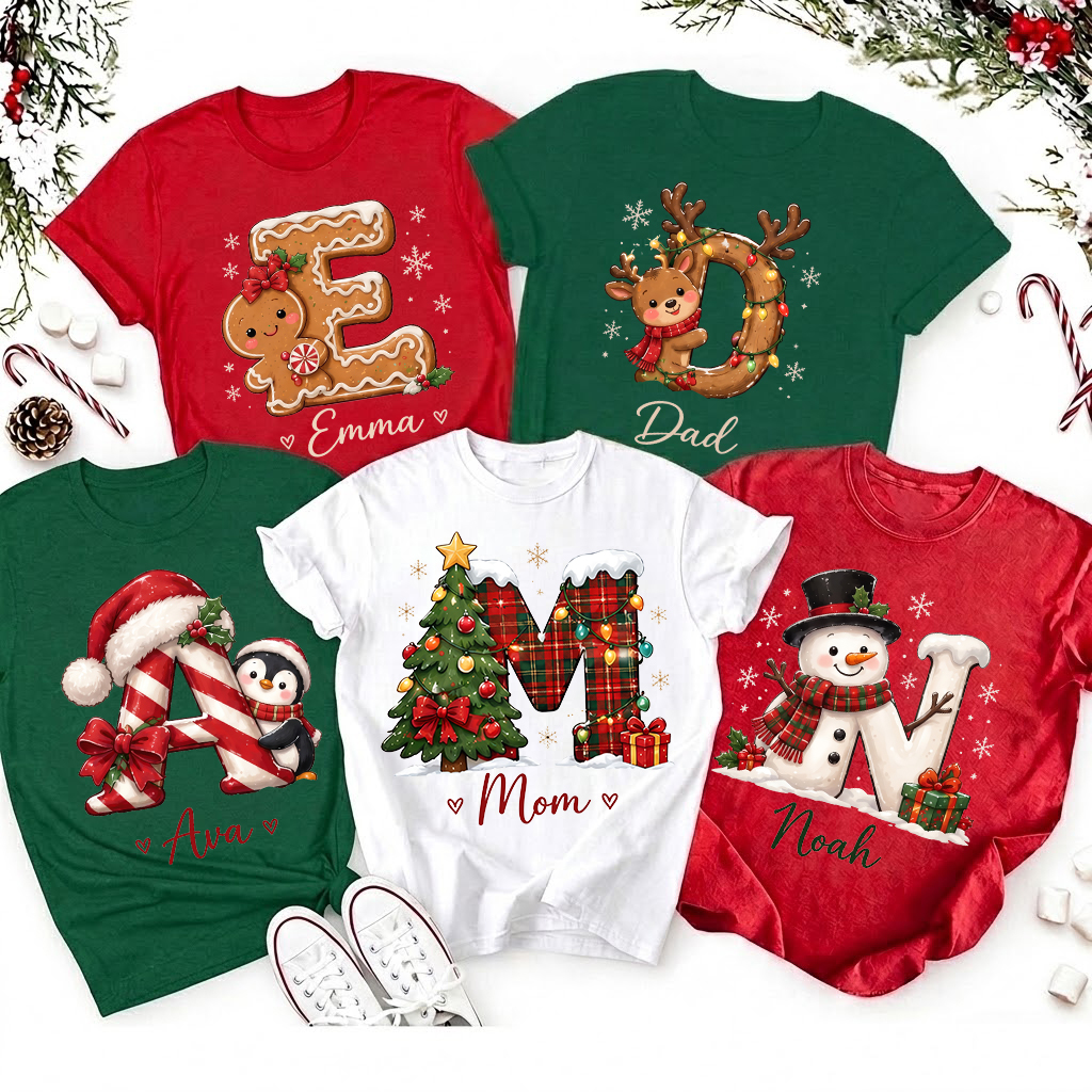 Personalized Cute Cartoon Christmas Initial Teacher T-Shirt