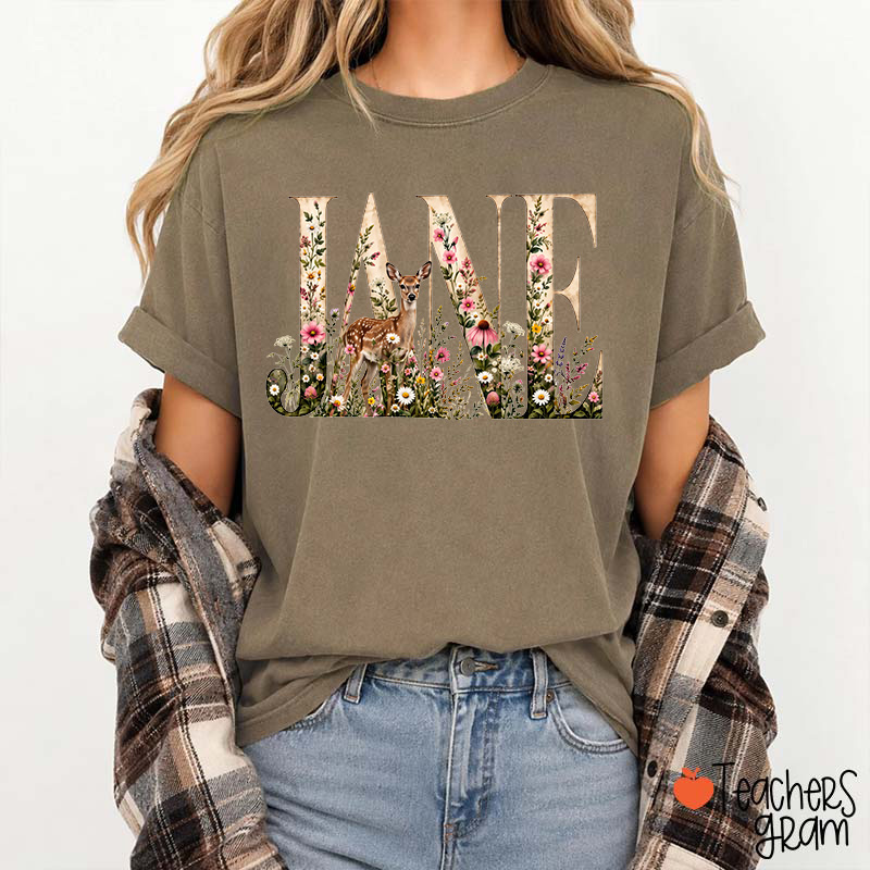Personalized Name Floral Fawn Teacher T-Shirt