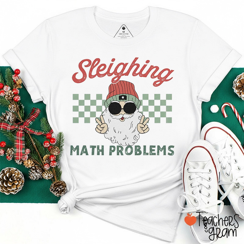Sleighing Math Problems Retro Santa Christmas Teacher T-Shirt