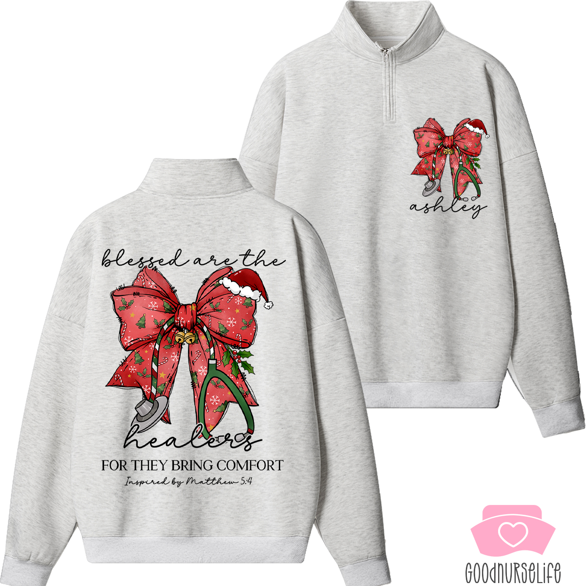 Personalized Christmas Coquette Bow Nurse Quarter Zip Sweatshirt