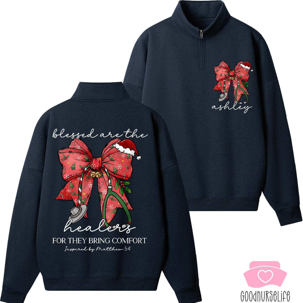 Personalized Christmas Coquette Bow Nurse Quarter Zip Sweatshirt