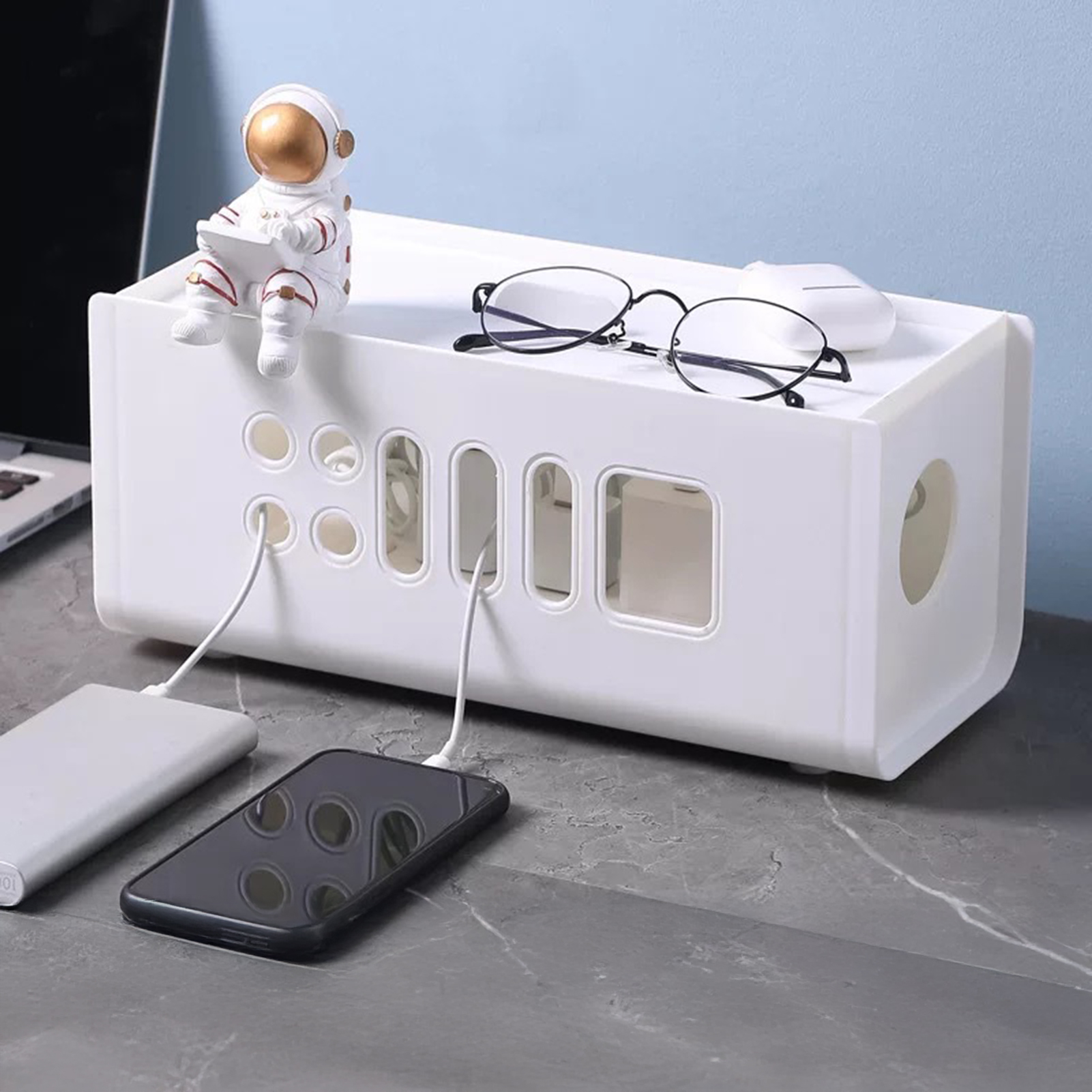 Large Desk Cable Tidy Box 13x30cm USB Ports & Power Strip Organizer Cord Hider
