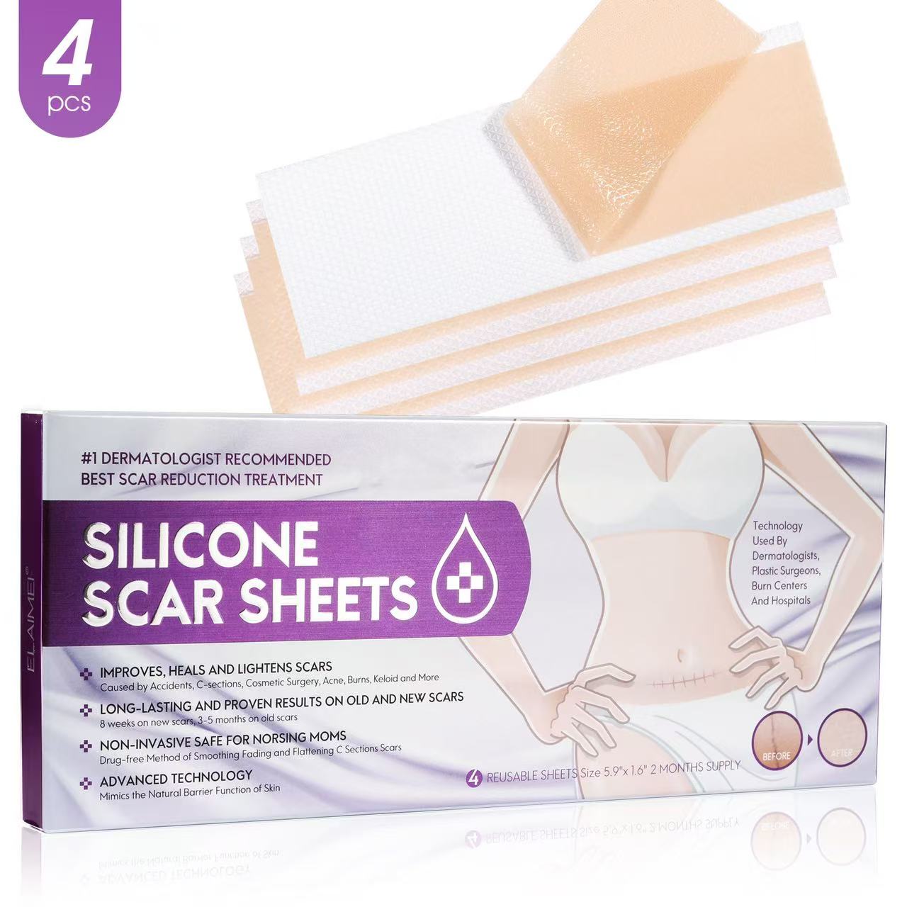 Silicone Scar Removal Sheets Gel Scar Strip Scar Cover Up Tape Stretch Mark 4pcs