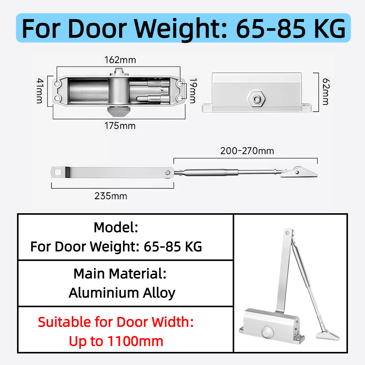 Heavy Duty Aluminum Overhead Door Closer Fire Doors Hydraulic Adjustable Speed