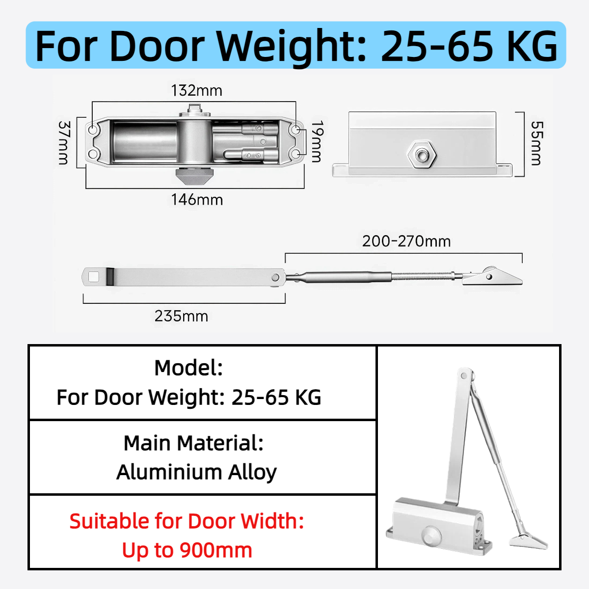 Heavy Duty Aluminum Overhead Door Closer Fire Doors Hydraulic Adjustable Speed