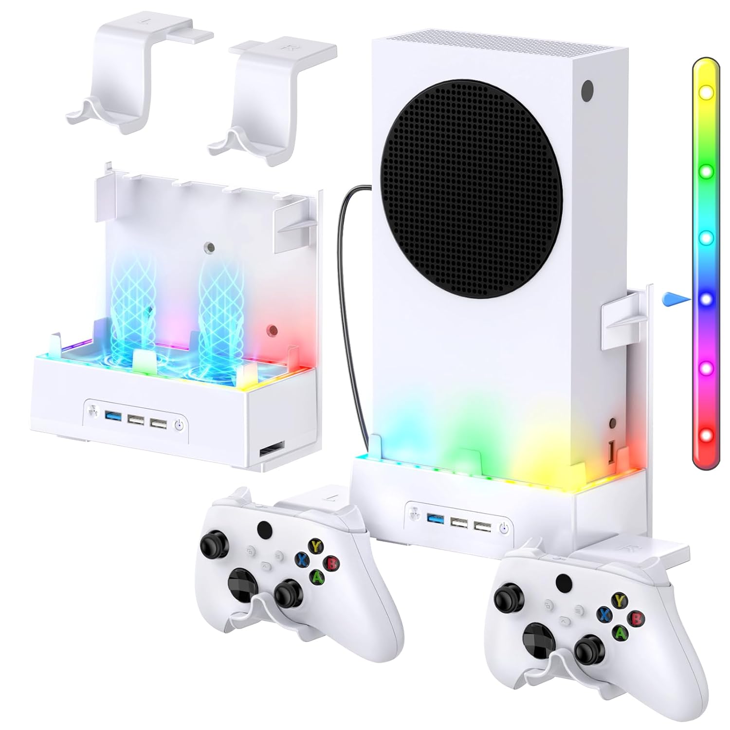 thumbnail image 1 of Soporte de pared para Xbox Series S con sistema de refrigeración por ventilador, 3 niveles de velocidad ajustables, tira de luces RGB, 3 puertos USB adicionales y 2 ganchos para mandos, 1 of 7