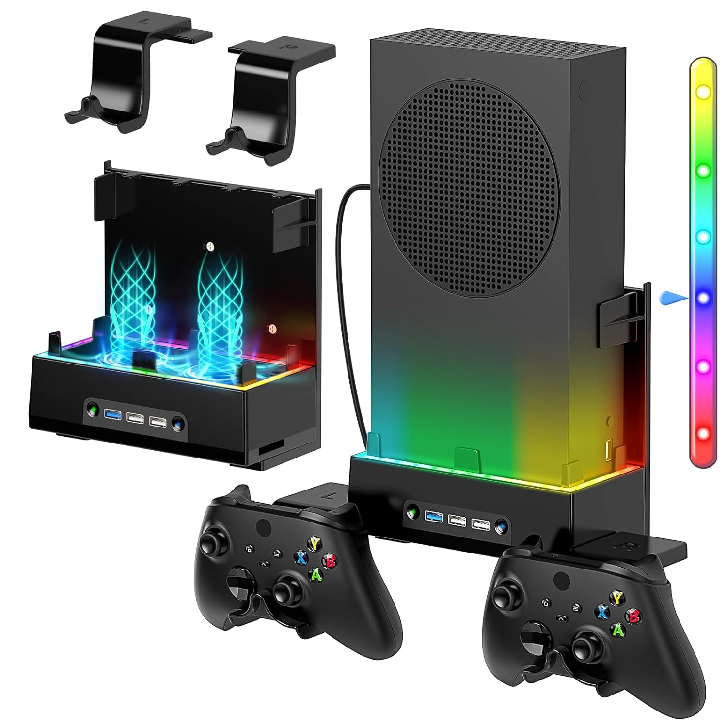 thumbnail image 1 of Soporte de pared para Xbox Series S con sistema de refrigeración por ventilador, 3 niveles de velocidad ajustables, tira de luces RGB, 3 puertos USB adicionales y 2 ganchos para mandos, 1 of 7