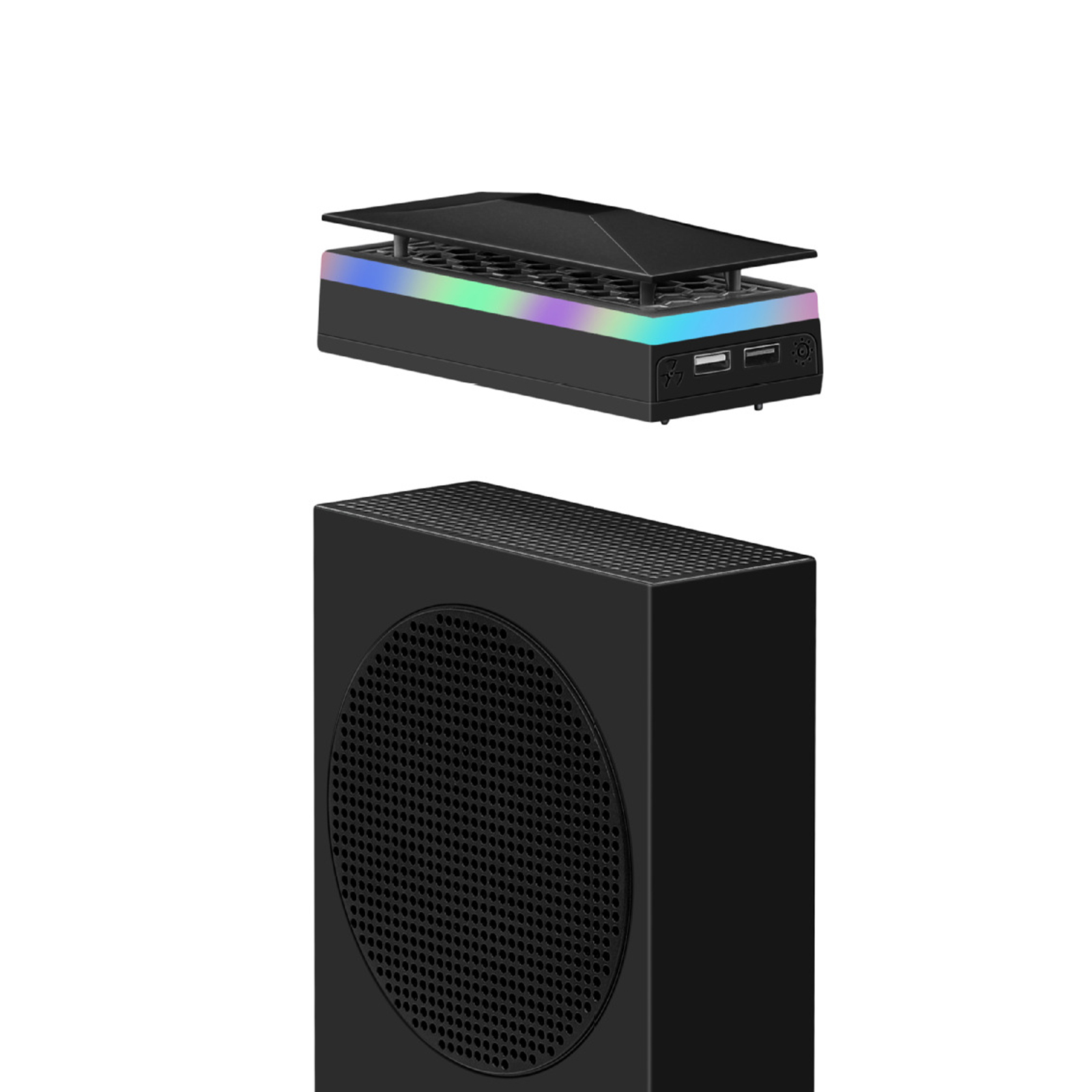 thumbnail image 1 of Ventilador de refrigeración RGB para Xbox Series S, sistema de refrigeración con velocidad ajustable en 3 niveles, tira de luz RGB con 7 modos, filtro de polvo, bajo nivel de ruido y 2 puertos USB, 1 of 6