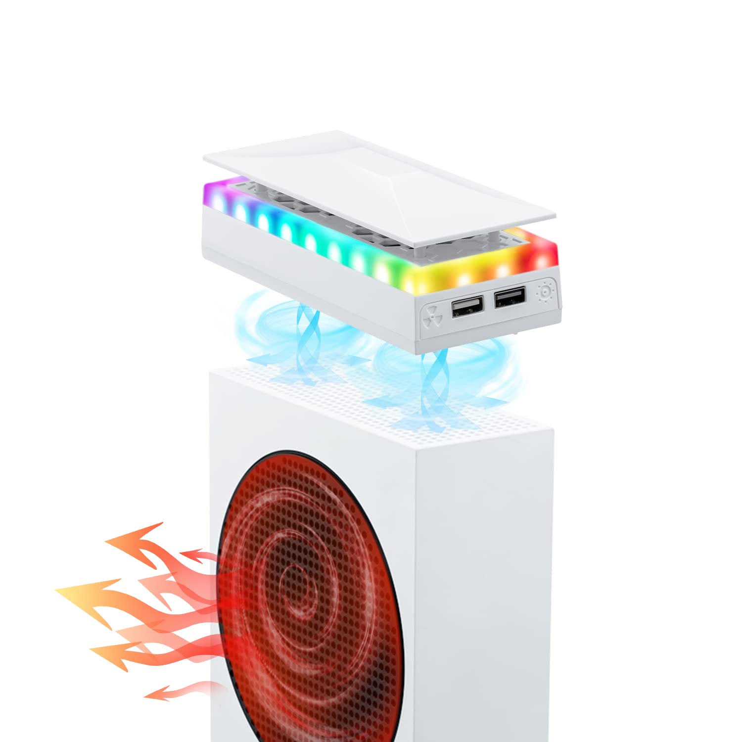 thumbnail image 1 of Ventilador de refrigeración RGB para Xbox Series S, sistema de refrigeración con velocidad ajustable en 3 niveles, tira de luz RGB con 7 modos, filtro de polvo, bajo nivel de ruido y 2 puertos USB, 1 of 9