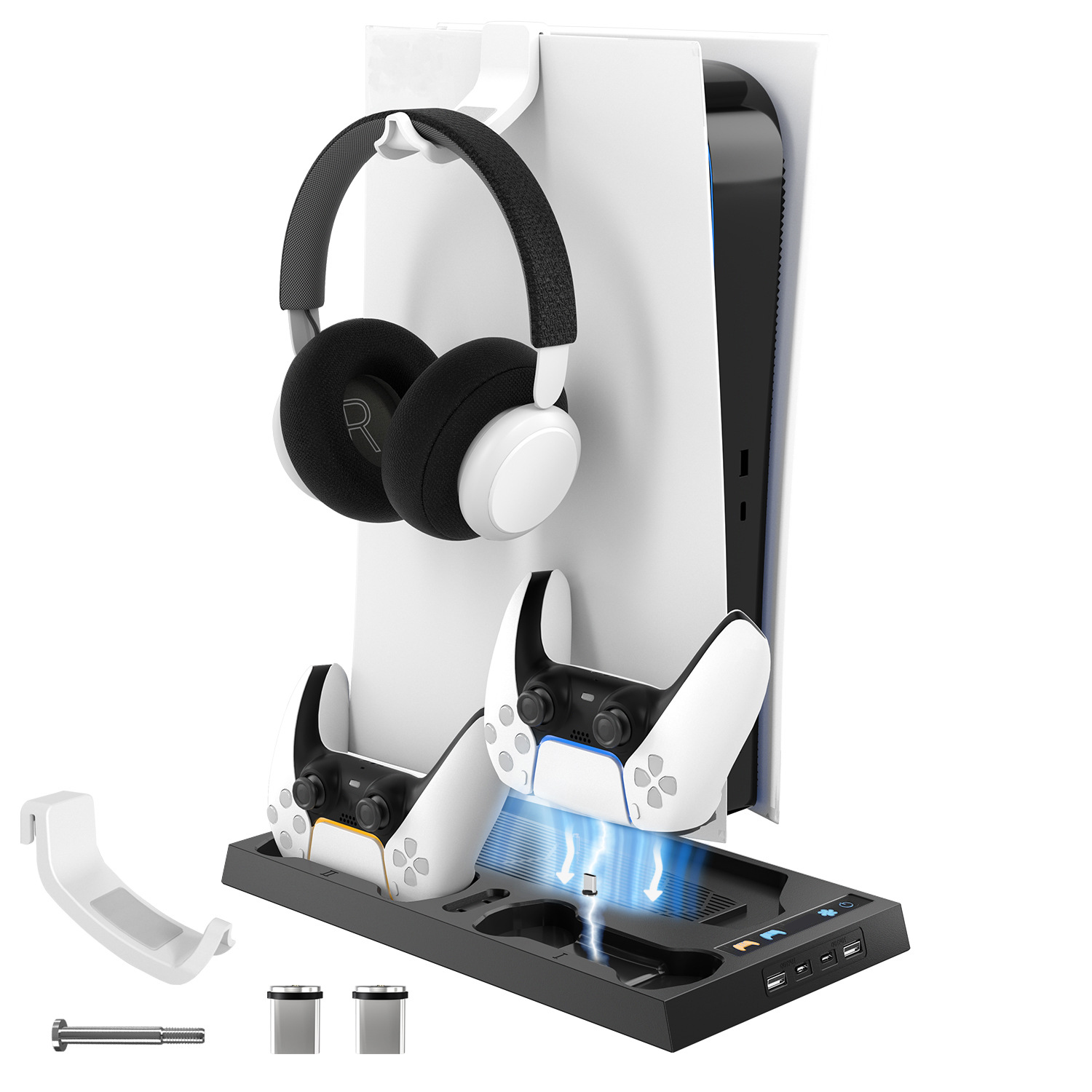Soporte de refrigeración multifuncional para PS5 Digital & Disc Edition, cargador con asa para consolas de videojuegos, gancho para auriculares y mando, base de almacenamiento para PS5, accesorios