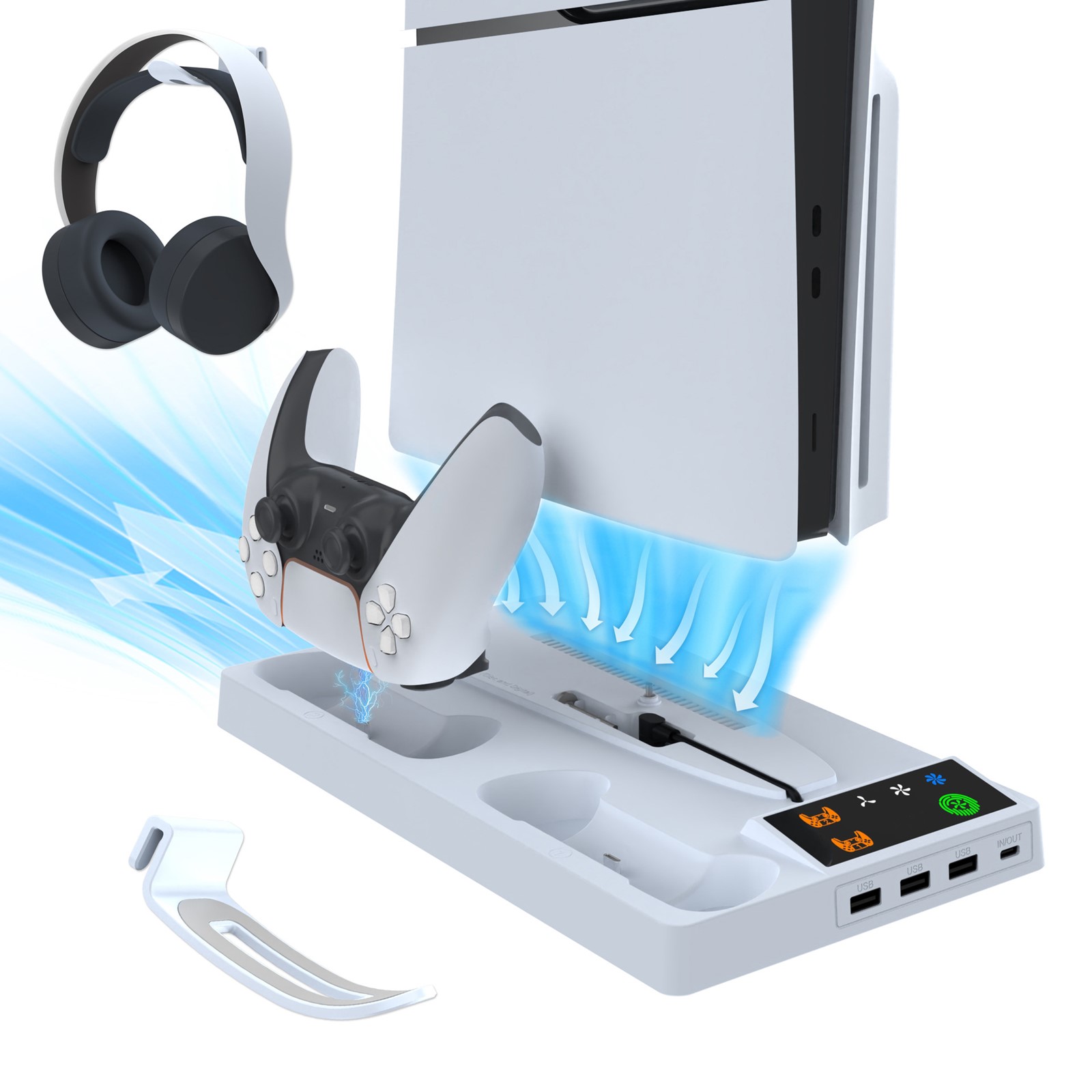 Soporte de estación de enfriamiento para PS5 Slim, carga del controlador, ventilador de enfriamiento, concentradores USB - Imagen 8 de 13