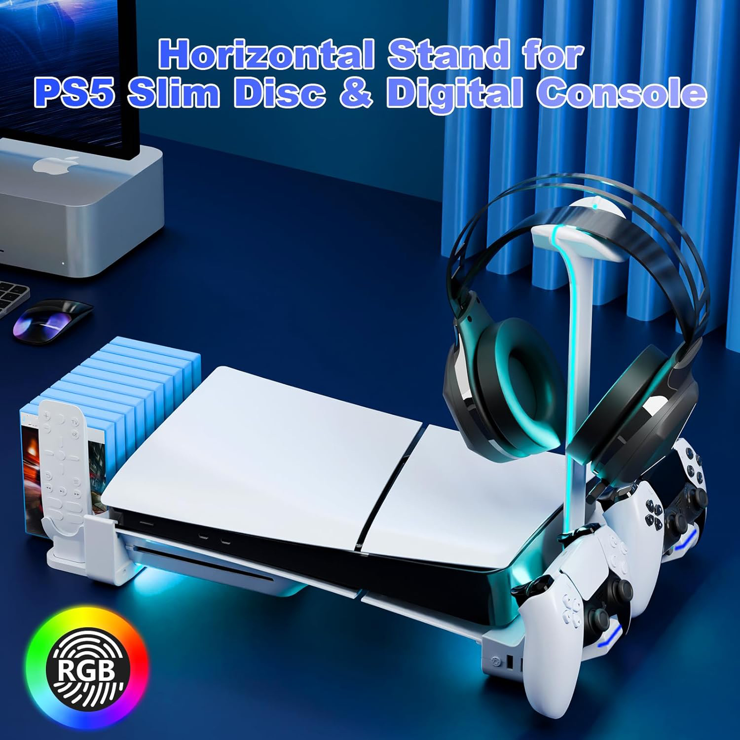 Horizontal Stand for PS5 Slim with Controller Charger, Headset Holder, USB Ports - Picture 10 of 14