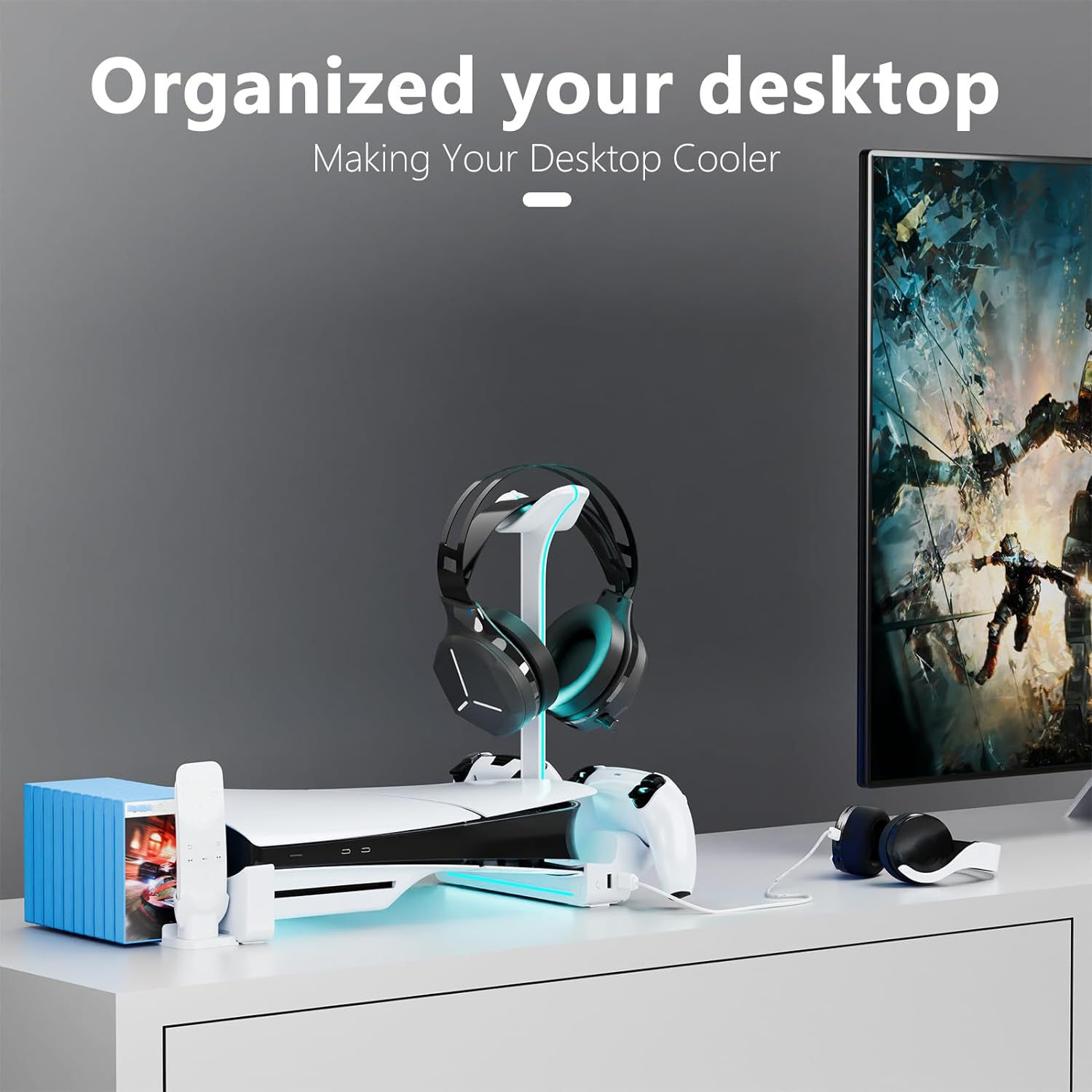 Horizontal Stand for PS5 Slim with Controller Charger, Headset Holder, USB Ports - Picture 13 of 14