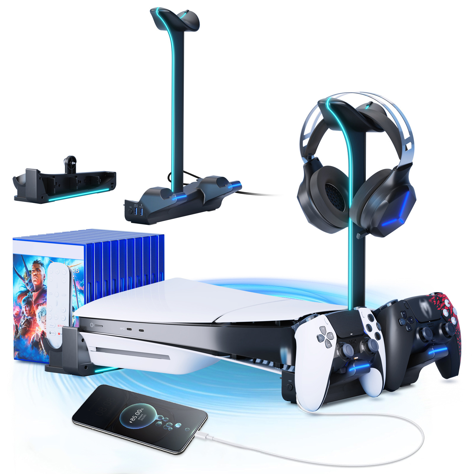 Horizontal Stand for PS5 Slim with Controller Charger, Headset Holder, USB Ports - Picture 8 of 14