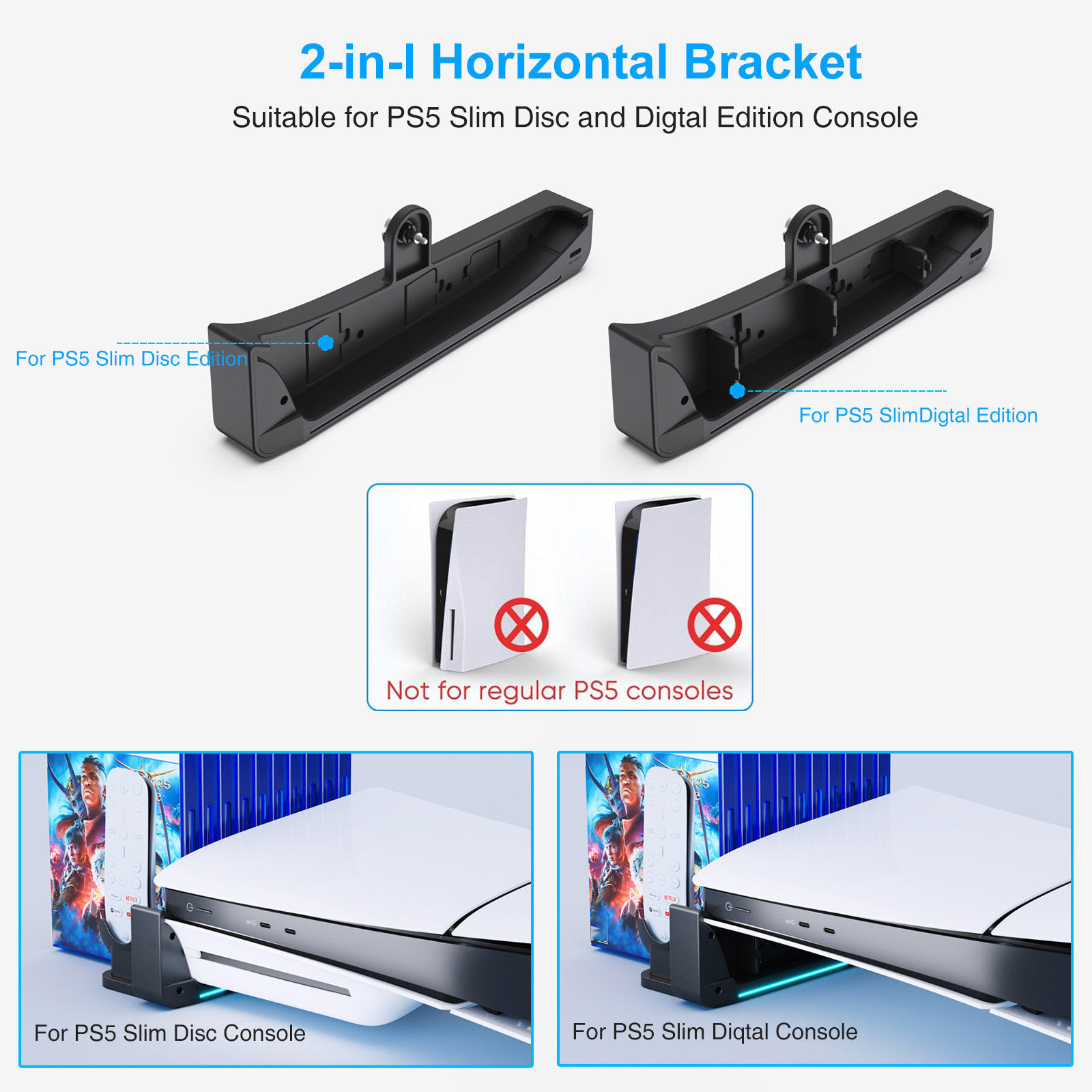 Horizontal Stand for PS5 Slim with Controller Charger, Headset Holder, USB Ports - Picture 6 of 14