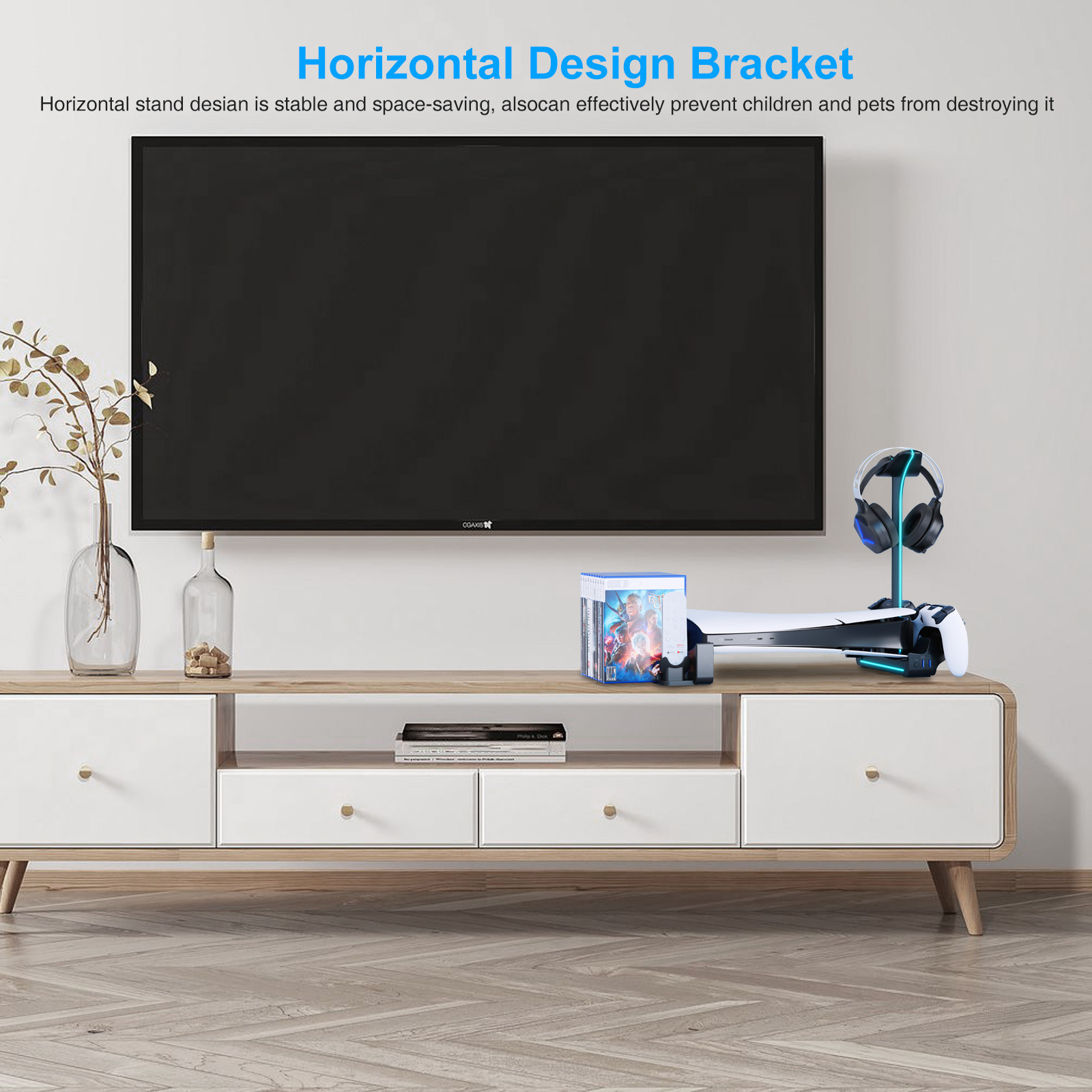 Horizontal Stand for PS5 Slim with Controller Charger, Headset Holder, USB Ports - Picture 7 of 14